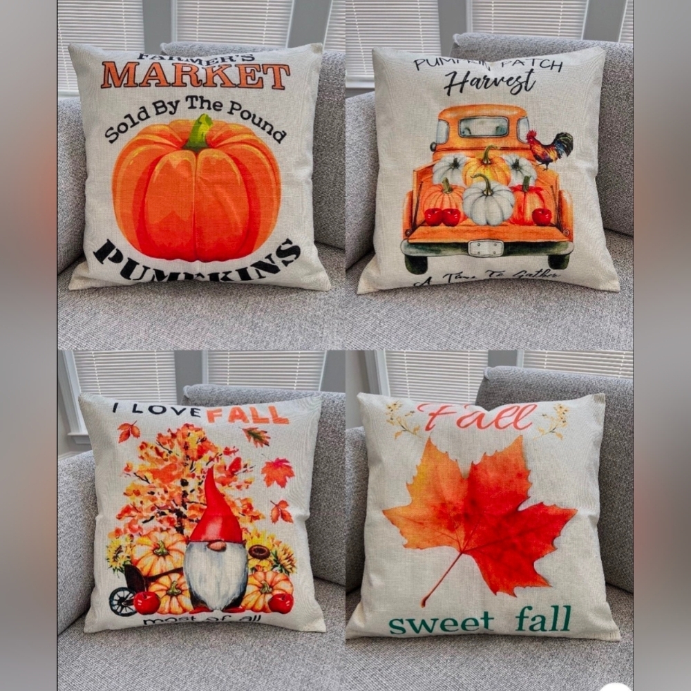 Pillow Covers Set of 4 18x18 Fall Themed Cotton Linen
